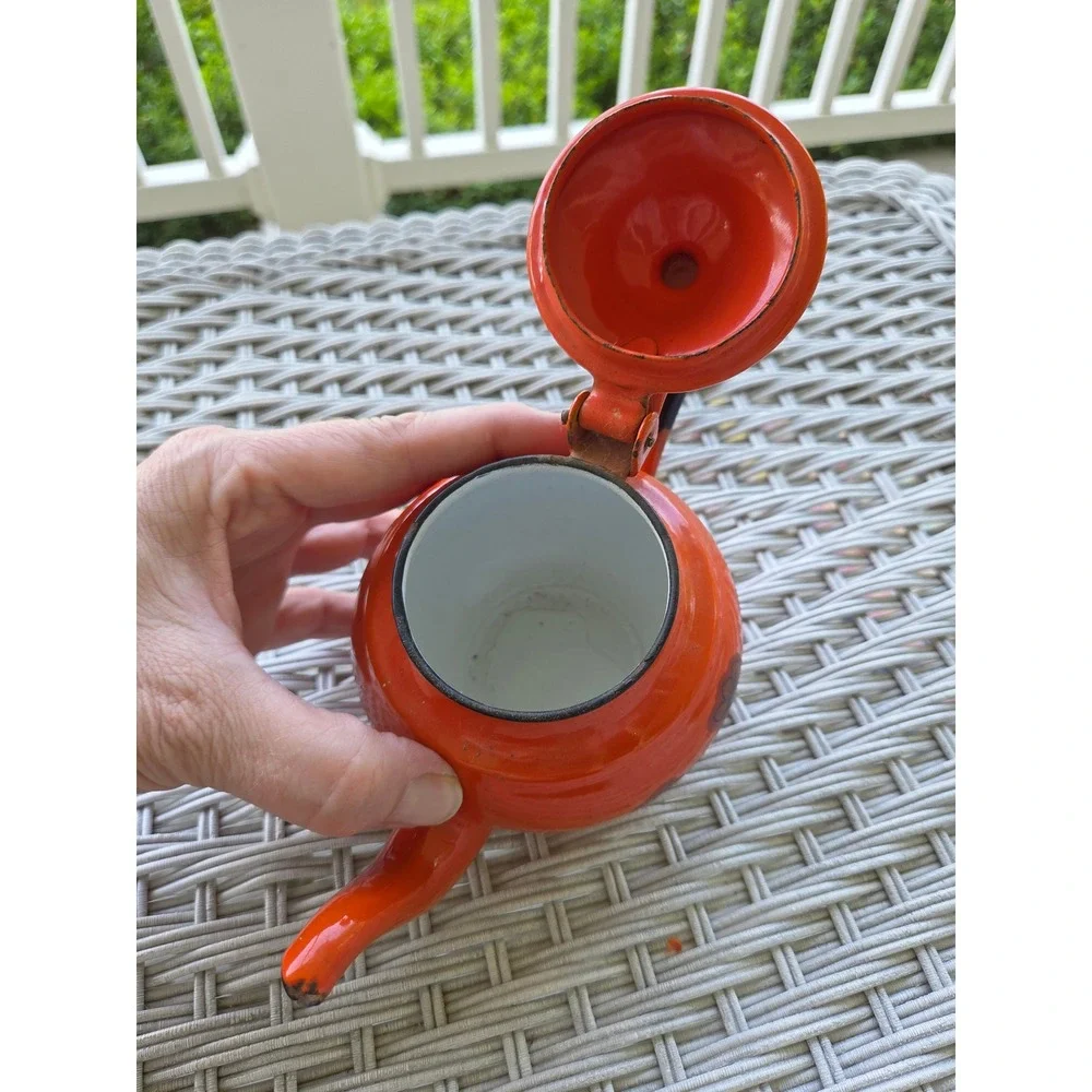 Vtg EMO Celje Yugoslavia Orange Enamelware Mini Teapot Owl Graphic Hinged Lid